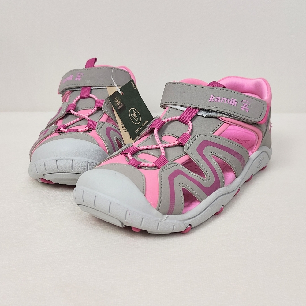 New Kamik Kick Sandals Kids Girl's Size 5 Waterproof Gray Pink Closed Toe Shoes
